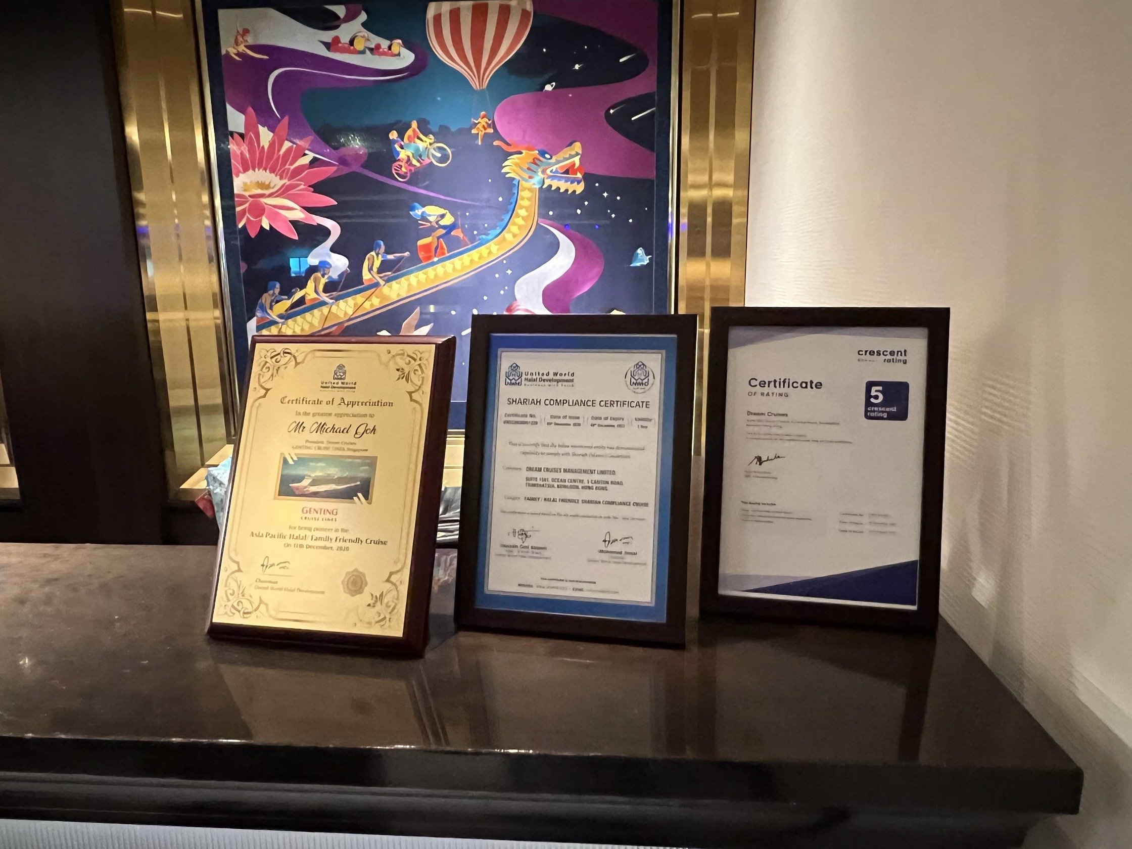 Framed certifications on front desk